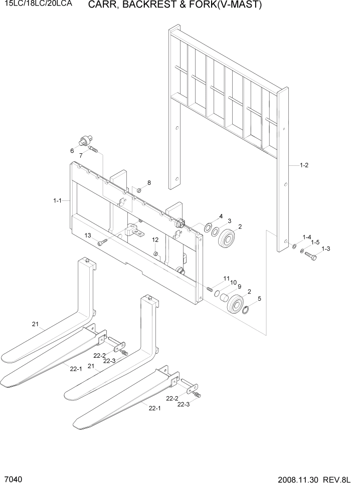 Схема запчастей Hyundai 15LC/18LC/20LCA-7 - PAGE 7040 CARR,BACKREST & FORK(V-MAST) РАБОЧЕЕ ОБОРУДОВАНИЕ