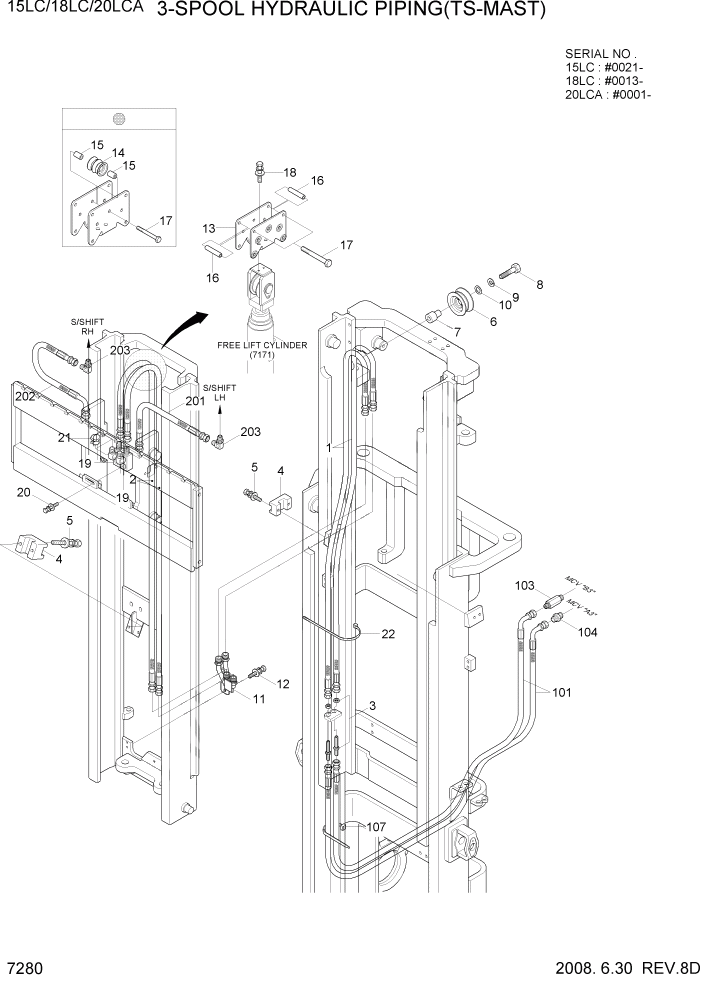 Схема запчастей Hyundai 15LC/18LC/20LCA-7 - PAGE 7280 3-SPOOL HYDRAULIC PIPING(TS-MAST,OPTION) РАБОЧЕЕ ОБОРУДОВАНИЕ