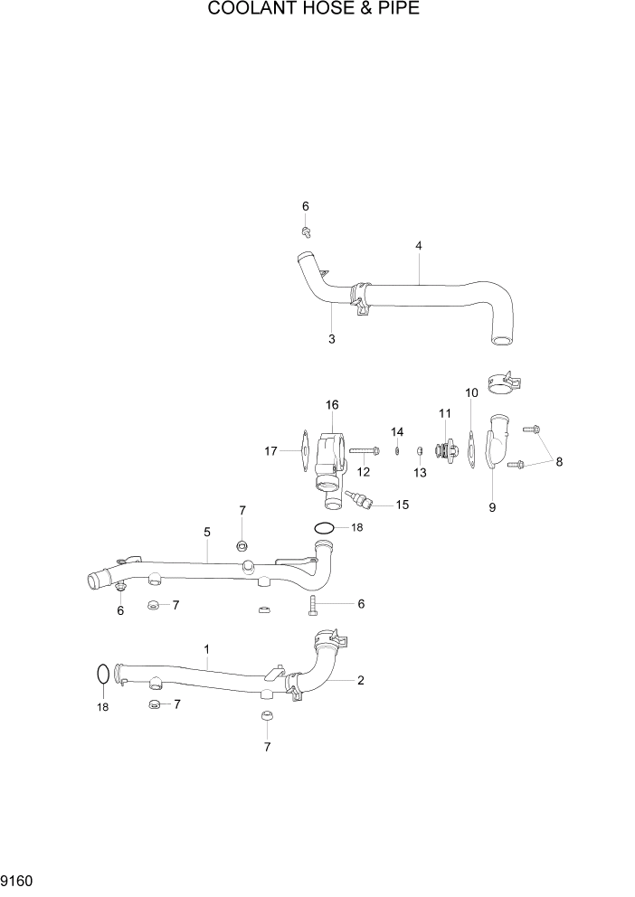 Схема запчастей Hyundai 15LC/18LC/20LCA-7 - PAGE 9160 COLLANT HOSE & PIPE ДВИГАТЕЛЬ БАЗА