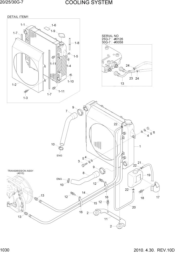 Схема запчастей Hyundai 20/25/30G-7 - PAGE 1030 COOLING SYSTEM СИСТЕМА ДВИГАТЕЛЯ