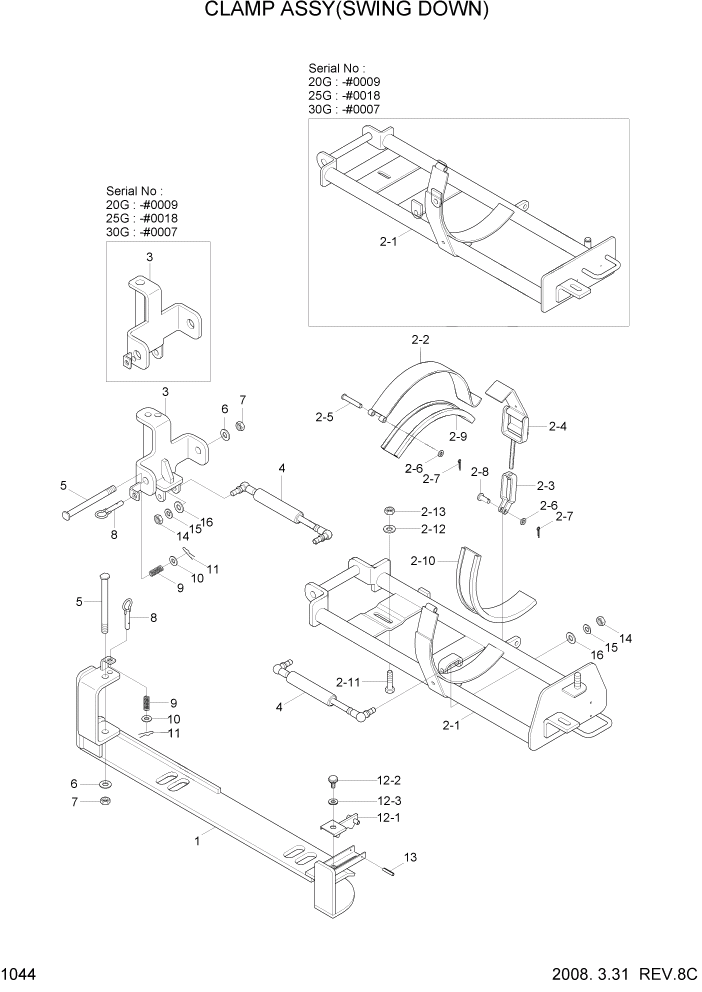 Схема запчастей Hyundai 20/25/30G-7 - PAGE 1044 CLAMP ASSY(SWING DOWN) СИСТЕМА ДВИГАТЕЛЯ