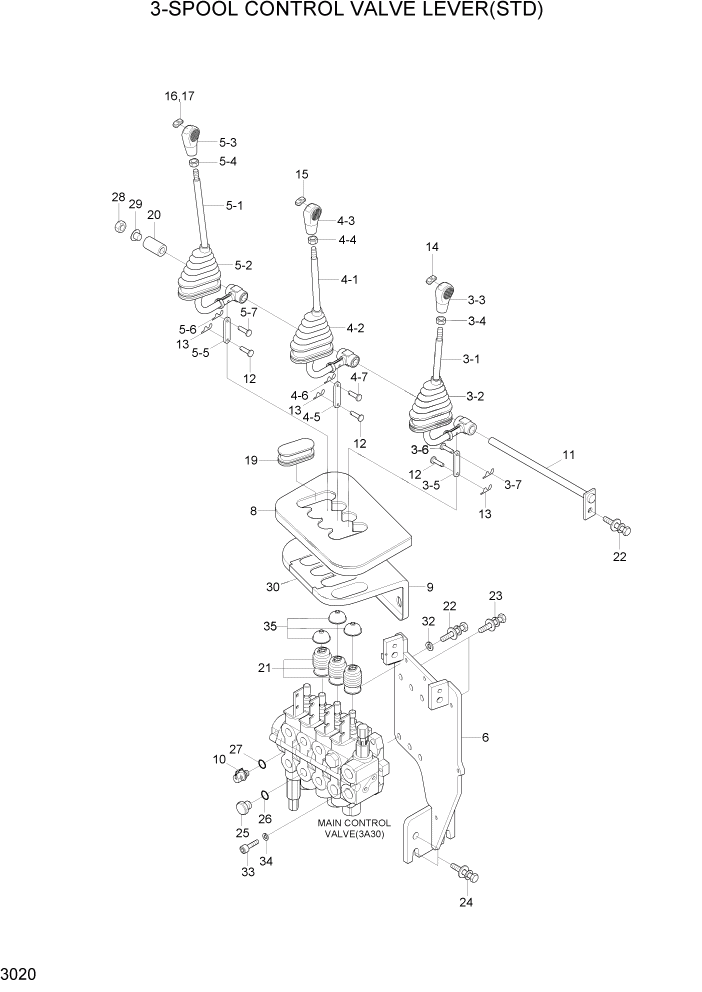 Схема запчастей Hyundai 20/25/30G-7 - PAGE 3020 3-SPOOL CONTROL VALVE LEVER(STD) ГИДРАВЛИЧЕСКАЯ СИСТЕМА