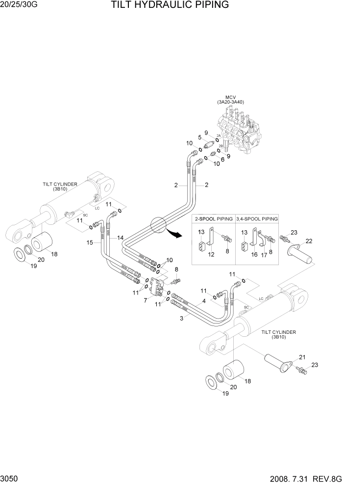 Схема запчастей Hyundai 20/25/30G-7 - PAGE 3050 TILT HYDRAULIC PIPING ГИДРАВЛИЧЕСКАЯ СИСТЕМА