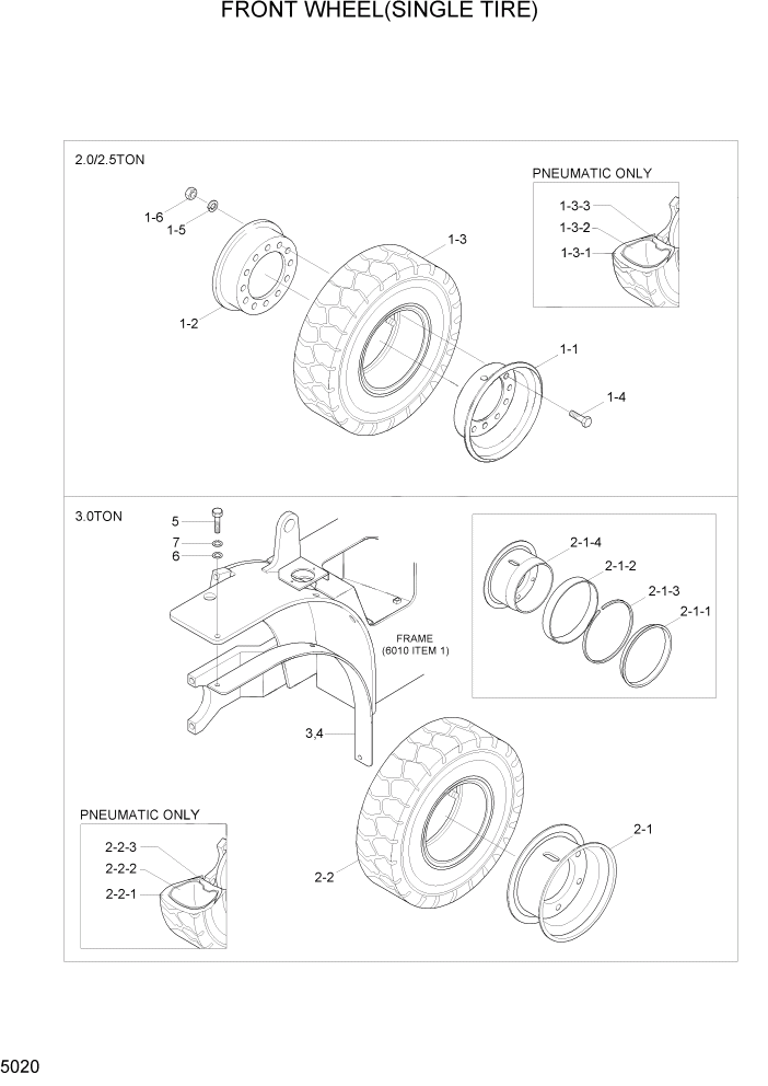 Схема запчастей Hyundai 20/25/30G-7 - PAGE 5020 FRONT WHEEL(SINGLE TIRE) СИСТЕМА УПРАВЛЕНИЯ