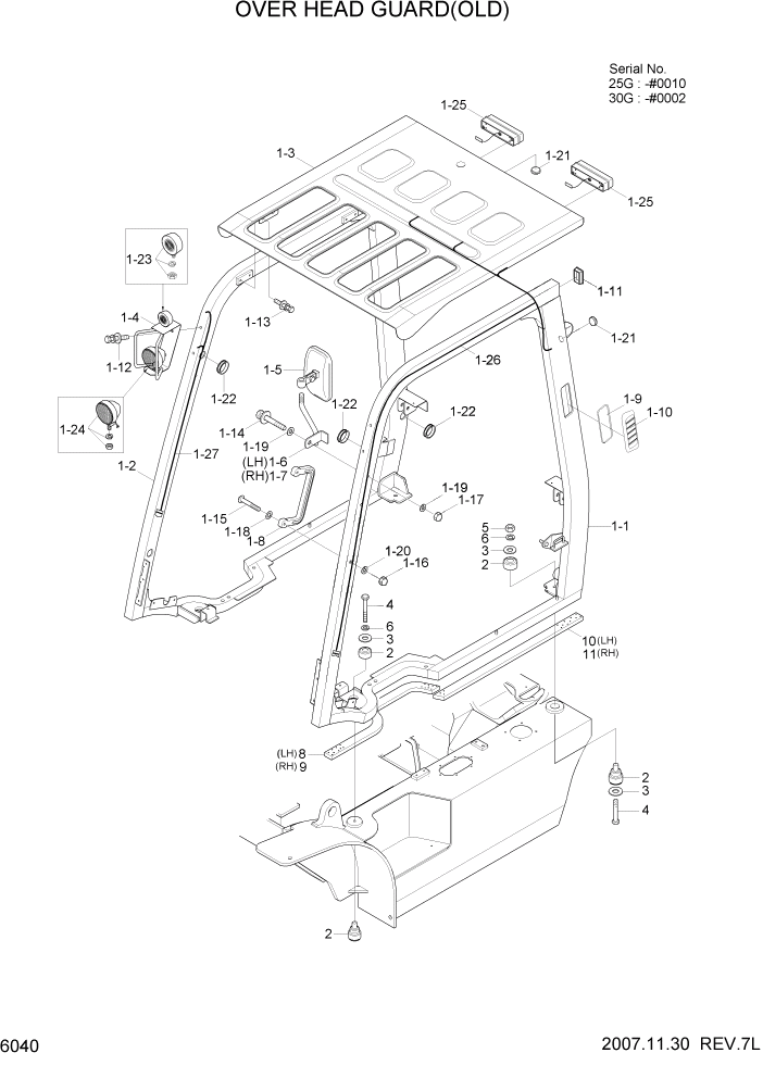 Схема запчастей Hyundai 20/25/30G-7 - PAGE 6040 OVER HEARD GUARD(OLD) СТРУКТУРА