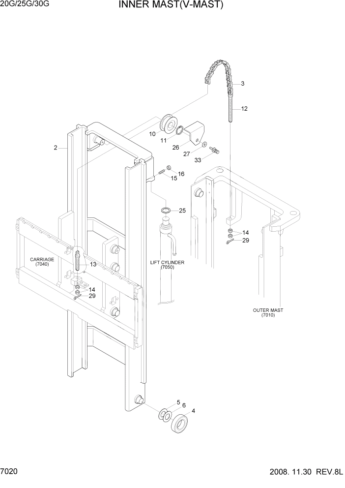 Схема запчастей Hyundai 20/25/30G-7 - PAGE 7020 INNER MAST(V-MAST) РАБОЧЕЕ ОБОРУДОВАНИЕ