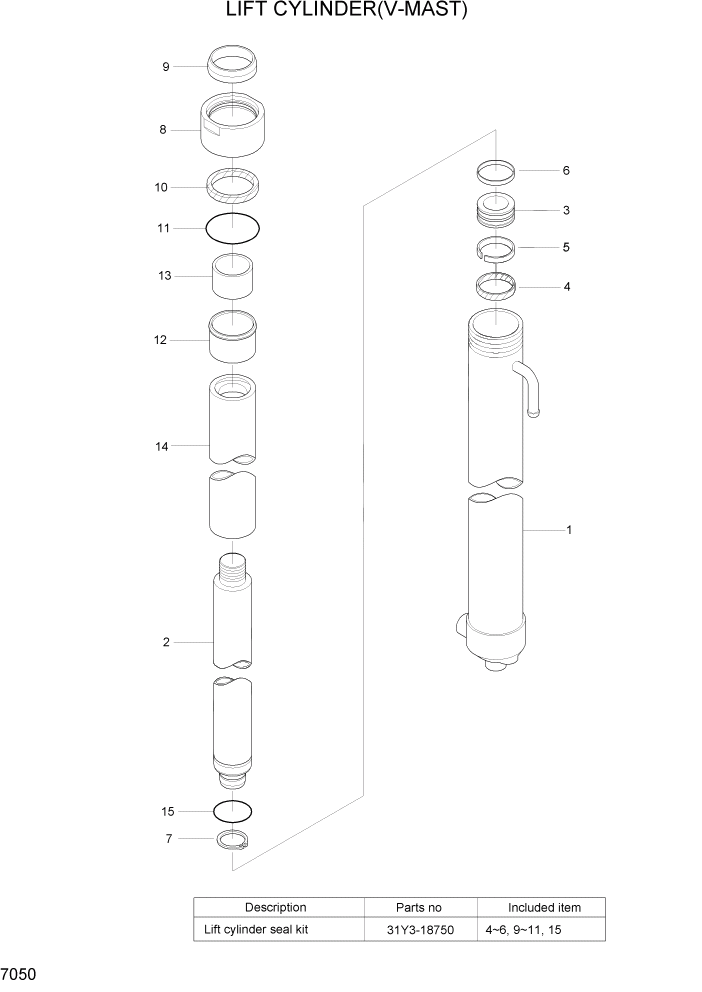 Схема запчастей Hyundai 20/25/30G-7 - PAGE 7050 LIFT CYLINDER(V-MAST) РАБОЧЕЕ ОБОРУДОВАНИЕ