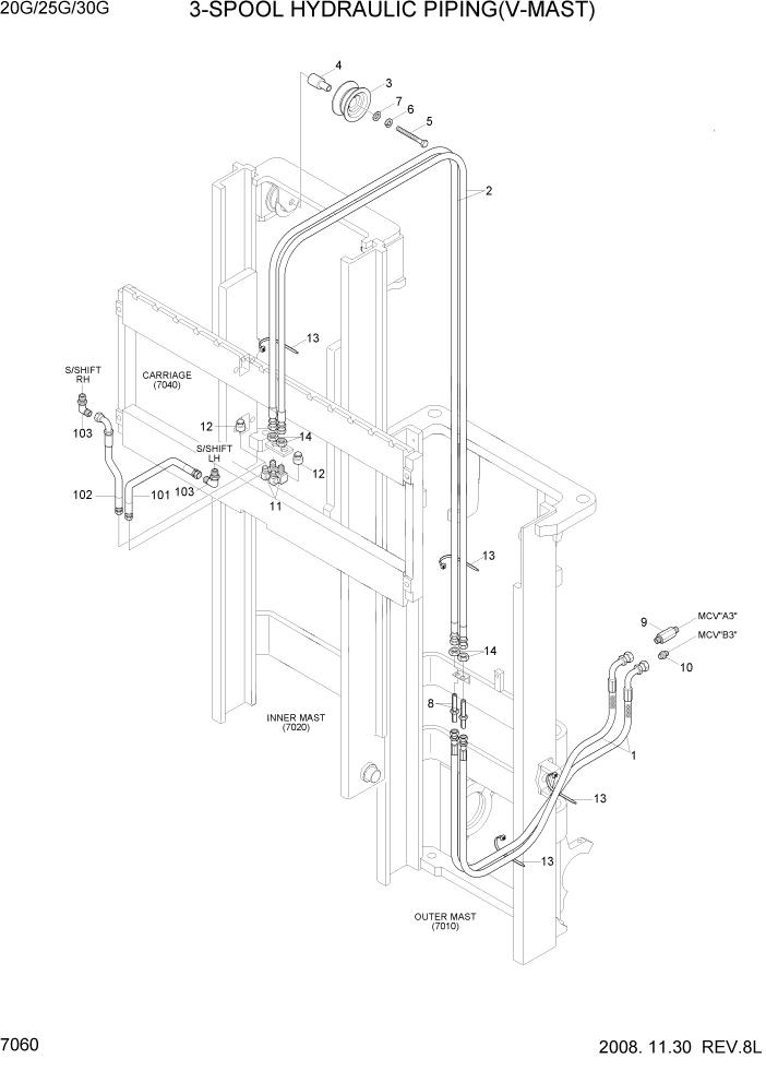 Схема запчастей Hyundai 20/25/30G-7 - PAGE 7060 3-SPOOL HYDRAULIC PIPING(V-MAST) РАБОЧЕЕ ОБОРУДОВАНИЕ