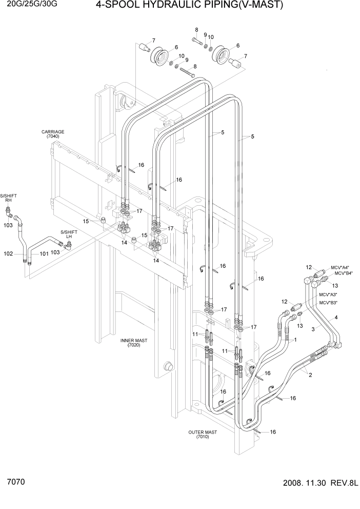 Схема запчастей Hyundai 20/25/30G-7 - PAGE 7070 4-SPOOL HYDRAULIC PIPING(V-MAST) РАБОЧЕЕ ОБОРУДОВАНИЕ