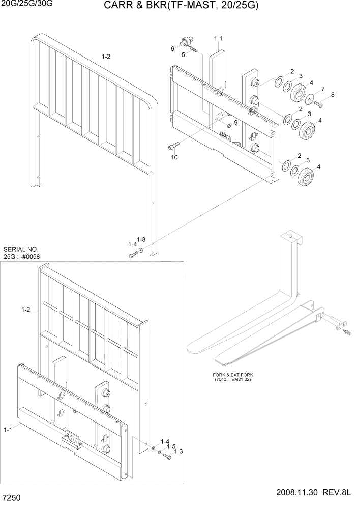 Схема запчастей Hyundai 20/25/30G-7 - PAGE 7250 CARRIAGE & BACKREST(TF-MAST,20/25G) РАБОЧЕЕ ОБОРУДОВАНИЕ