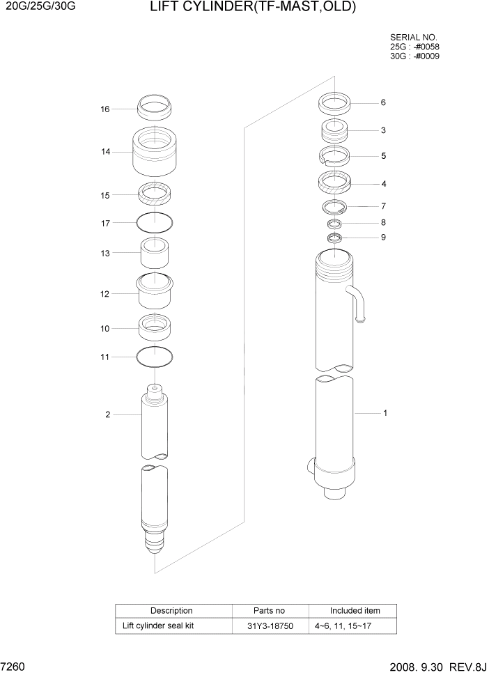 Схема запчастей Hyundai 20/25/30G-7 - PAGE 7260 LIFT CYLINDER(TF-MAST,OLD) РАБОЧЕЕ ОБОРУДОВАНИЕ