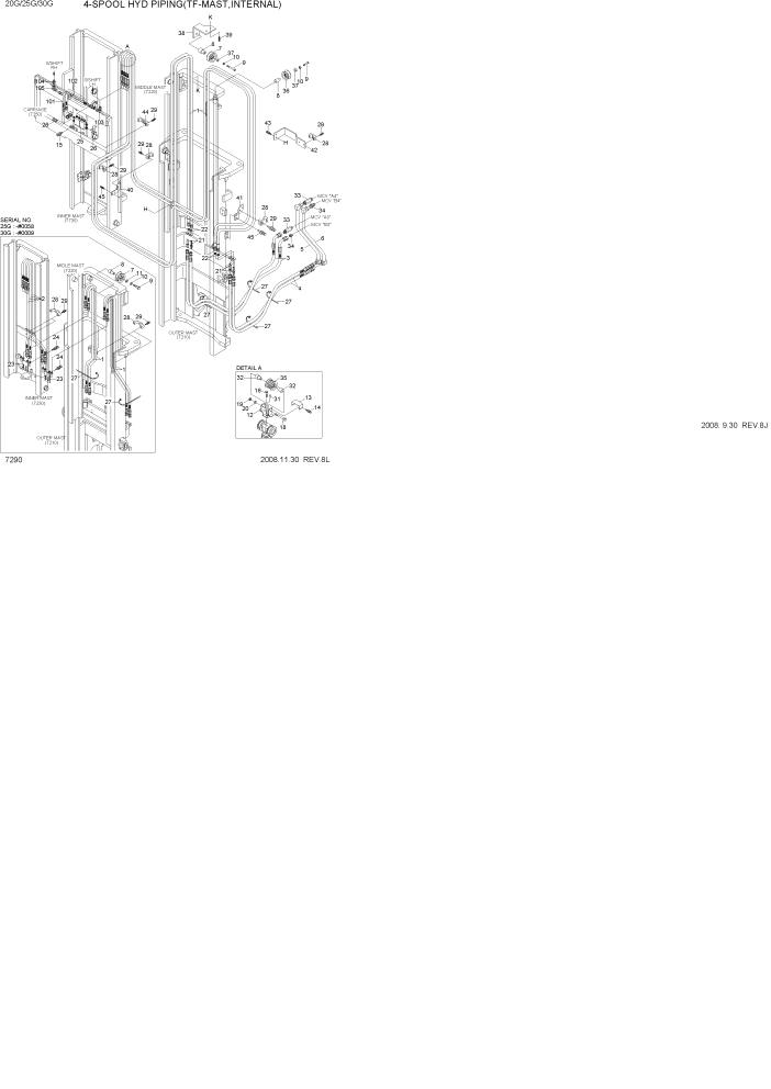 Схема запчастей Hyundai 20/25/30G-7 - PAGE 7290 4-SPOOL HYD PIPING(TF-MAST,INTERNAL) РАБОЧЕЕ ОБОРУДОВАНИЕ