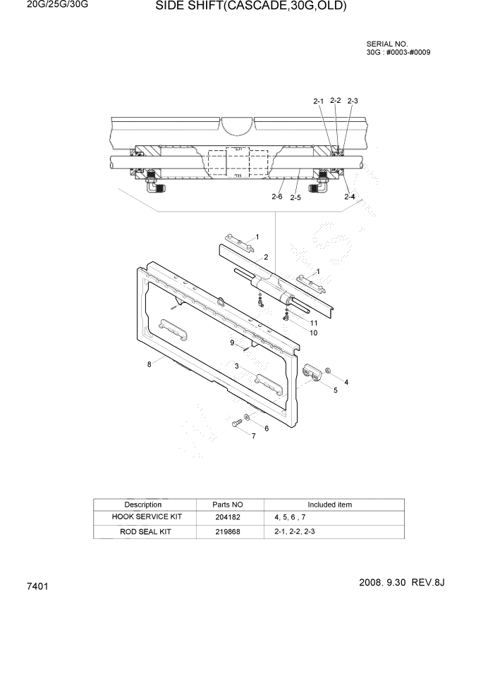 Схема запчастей Hyundai 20/25/30G-7 - PAGE 7401 SIDE SHIFT(CASCADE,30G,OLD) РАБОЧЕЕ ОБОРУДОВАНИЕ