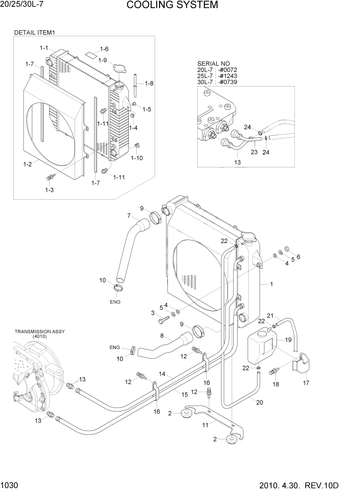 Схема запчастей Hyundai 20/25/30L-7 - PAGE 1030 COOLING SYSTEM СИСТЕМА ДВИГАТЕЛЯ