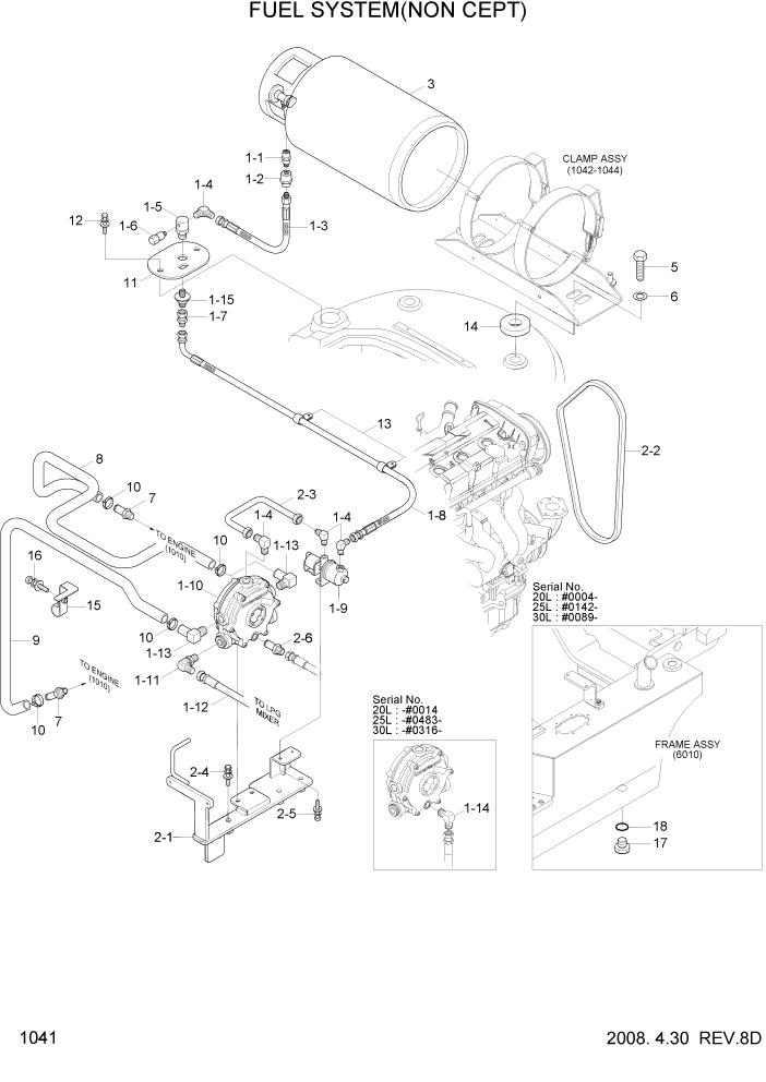 Схема запчастей Hyundai 20/25/30L-7 - PAGE 1041 FUEL SYSTEM(NON-CERT) СИСТЕМА ДВИГАТЕЛЯ