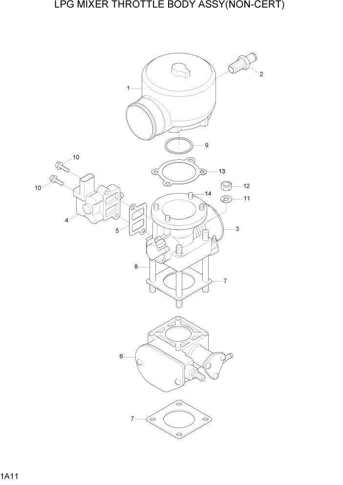 Схема запчастей Hyundai 20/25/30L-7 - PAGE 1A11 LPG MIXER THROTTLE BODY ASSY(NON-CERT) СИСТЕМА ДВИГАТЕЛЯ