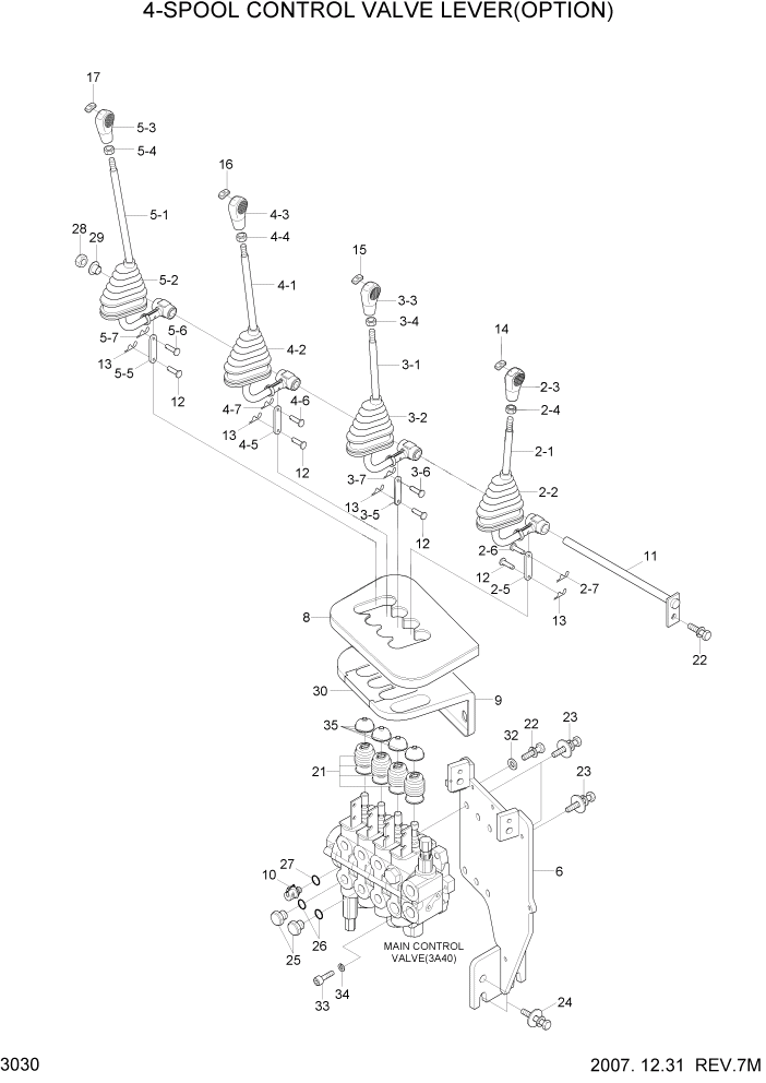 Схема запчастей Hyundai 20/25/30L-7 - PAGE 3030 4-SPOOL CONTROL VALVE LEVER(OPTION) ГИДРАВЛИЧЕСКАЯ СИСТЕМА