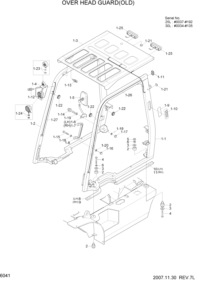 Схема запчастей Hyundai 20/25/30L-7 - PAGE 6041 OVER HEARD GUARD(OLD) СТРУКТУРА