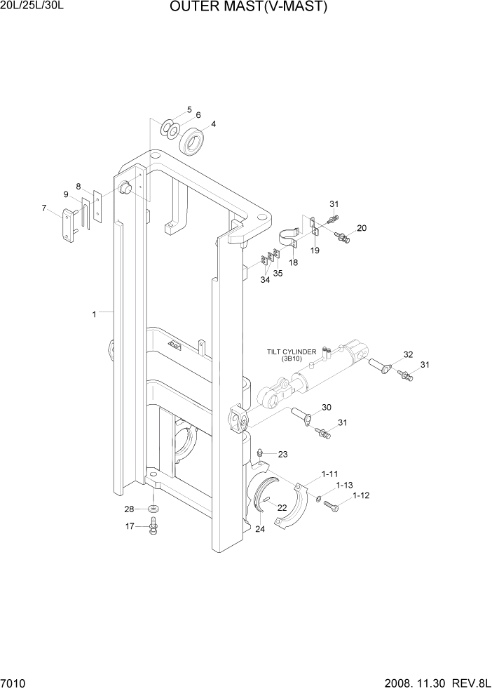 Схема запчастей Hyundai 20/25/30L-7 - PAGE 7010 OUTER MAST(V-MAST) РАБОЧЕЕ ОБОРУДОВАНИЕ