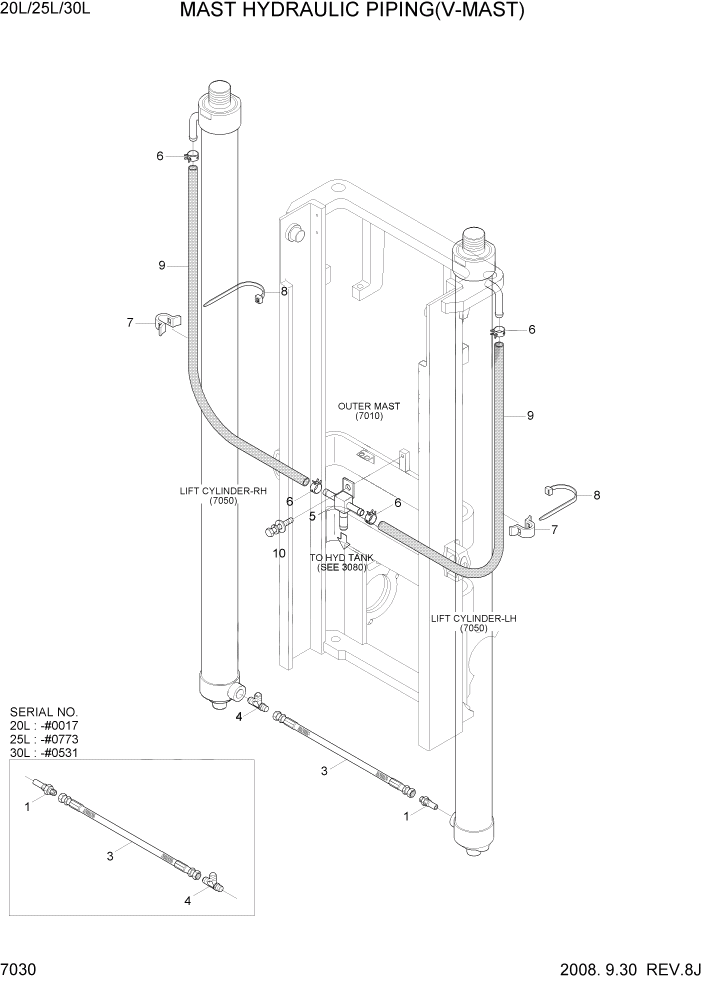 Схема запчастей Hyundai 20/25/30L-7 - PAGE 7030 MAST HYDRAULIC PIPING(V-MAST) РАБОЧЕЕ ОБОРУДОВАНИЕ