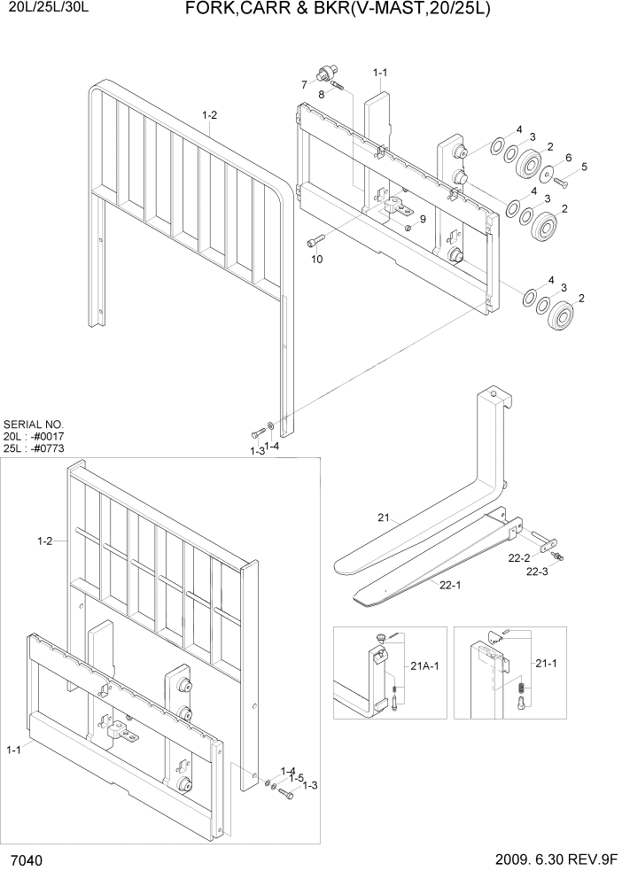 Схема запчастей Hyundai 20/25/30L-7 - PAGE 7040 CARR,BACKREST & FORK(V-MAST,20/25L) РАБОЧЕЕ ОБОРУДОВАНИЕ