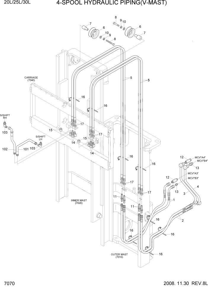 Схема запчастей Hyundai 20/25/30L-7 - PAGE 7070 4-SPOOL HYDRAULIC PIPING(V-MAST) РАБОЧЕЕ ОБОРУДОВАНИЕ