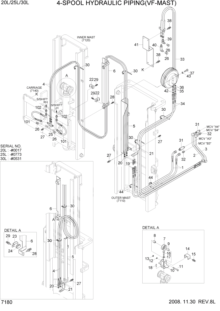 Схема запчастей Hyundai 20/25/30L-7 - PAGE 7180 4-SPOOL HYD PIPING(VF-MAST) РАБОЧЕЕ ОБОРУДОВАНИЕ