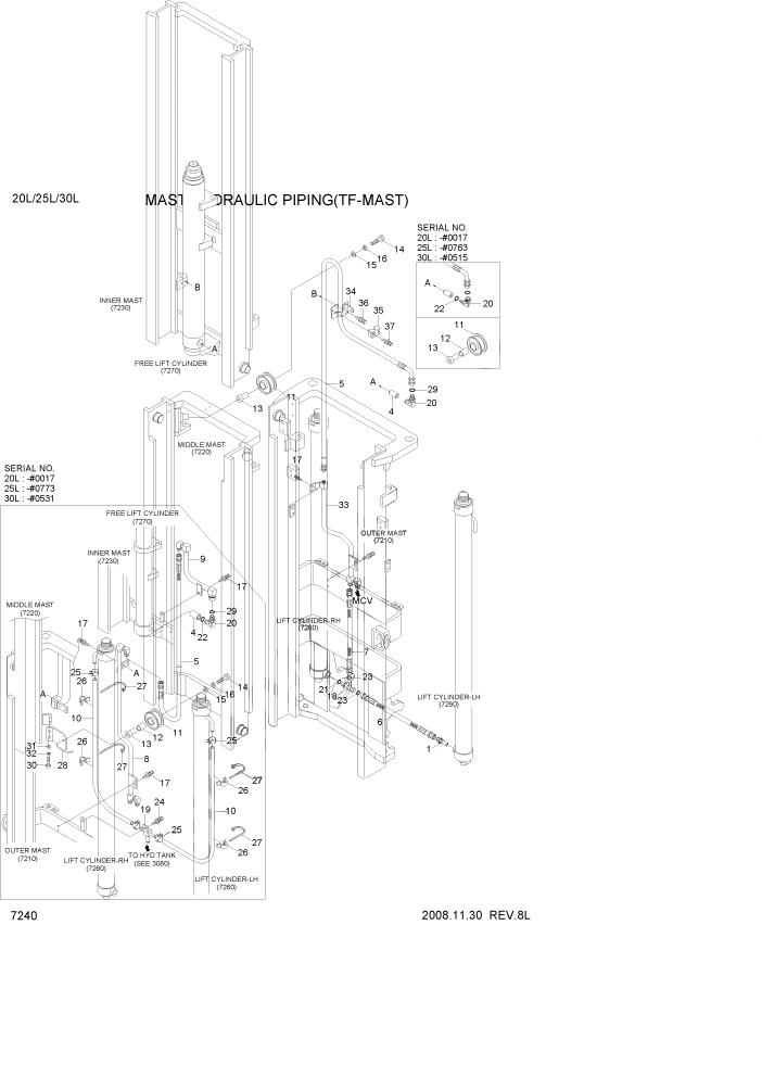 Схема запчастей Hyundai 20/25/30L-7 - PAGE 7240 MAST HYDRAULIC PIPING(TF-MAST) РАБОЧЕЕ ОБОРУДОВАНИЕ