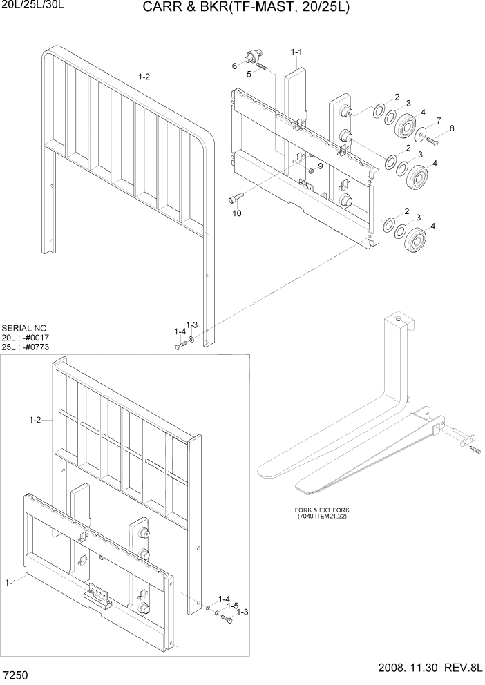 Схема запчастей Hyundai 20/25/30L-7 - PAGE 7250 CARRIAGE & BACKREST(TF-MAST,20/25L) РАБОЧЕЕ ОБОРУДОВАНИЕ