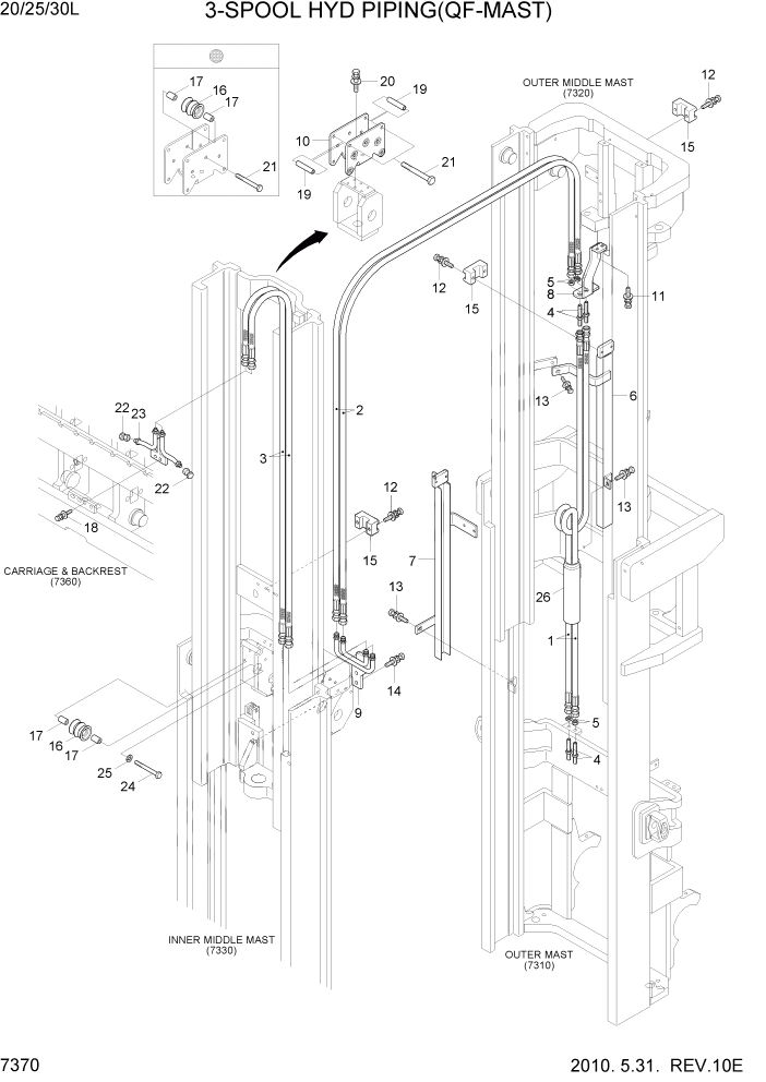 Схема запчастей Hyundai 20/25/30L-7 - PAGE 7370 3-SPOOL HYD PIPING(QF-MAST) РАБОЧЕЕ ОБОРУДОВАНИЕ