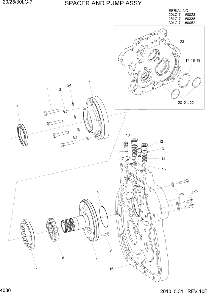 Схема запчастей Hyundai 20/25/30LC-7 - PAGE 4030 SPACER AND PUMP ASSY(OLD) СИЛОВАЯ СИСТЕМА