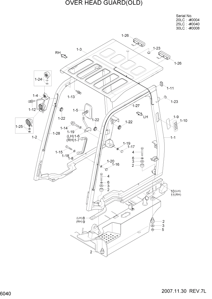 Схема запчастей Hyundai 20/25/30LC-7 - PAGE 6040 OVER HEAD GUARD(OLD) СТРУКТУРА