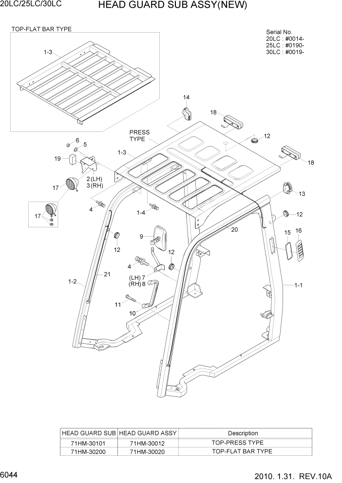 Схема запчастей Hyundai 20/25/30LC-7 - PAGE 6044 HEAD GUARD SUB ASSY(NEW) СТРУКТУРА