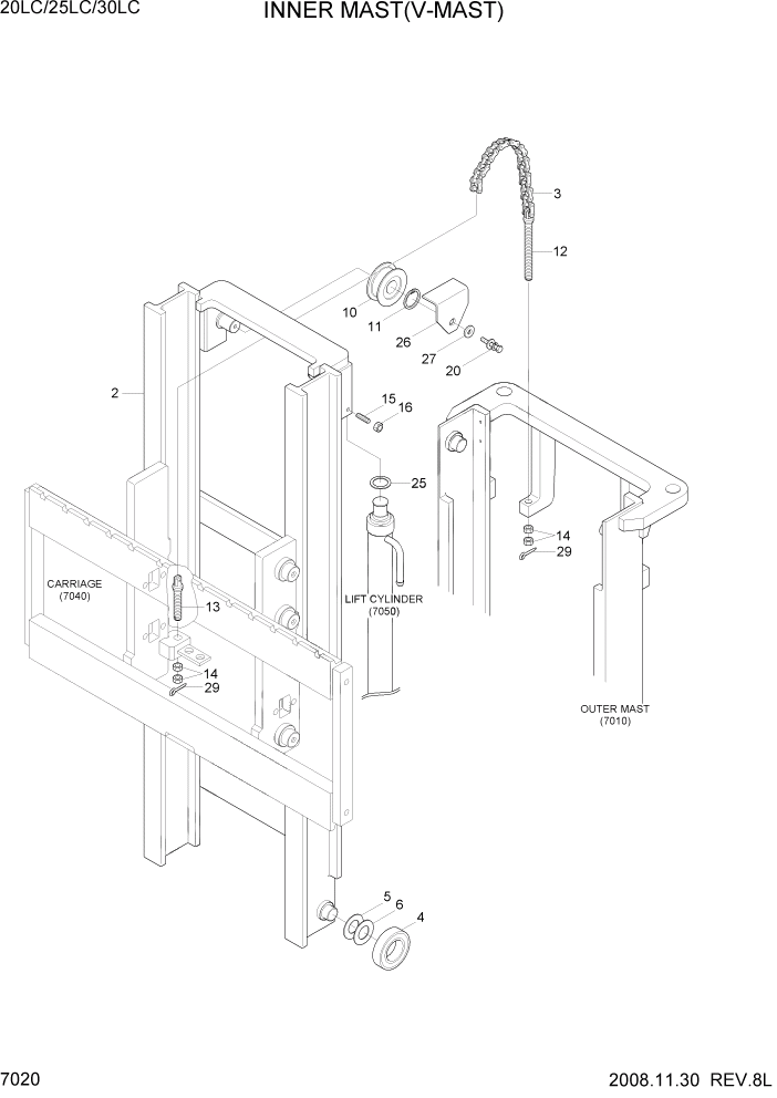 Схема запчастей Hyundai 20/25/30LC-7 - PAGE 7020 INNER MAST(V-MAST) РАБОЧЕЕ ОБОРУДОВАНИЕ