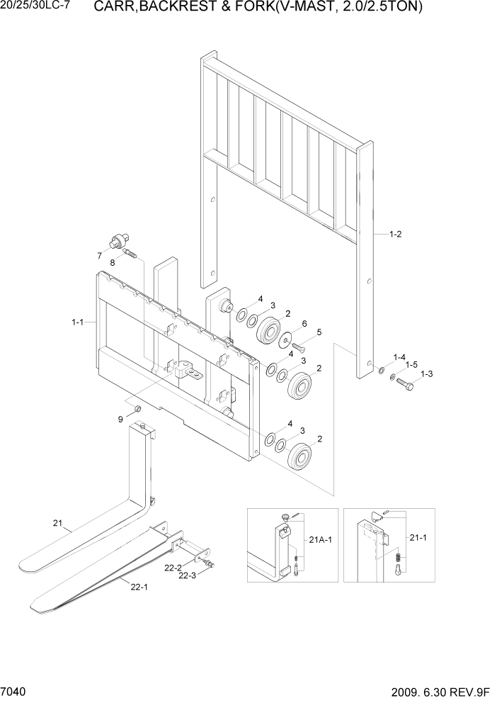 Схема запчастей Hyundai 20/25/30LC-7 - PAGE 7040 CARR,BACKREST & FORK(V-MAST,2.0/2.5TON) РАБОЧЕЕ ОБОРУДОВАНИЕ