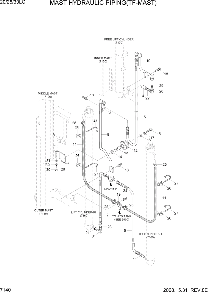 Схема запчастей Hyundai 20/25/30LC-7 - PAGE 7140 MAST HYDRAULIC PIPING(TF-MAST) РАБОЧЕЕ ОБОРУДОВАНИЕ