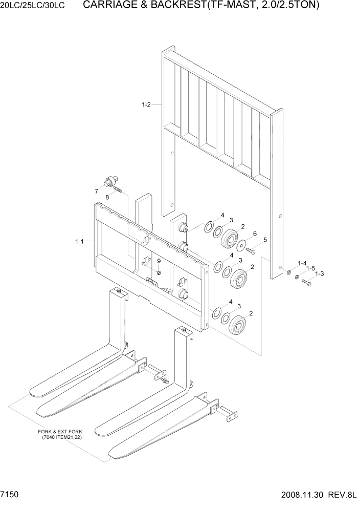 Схема запчастей Hyundai 20/25/30LC-7 - PAGE 7150 CARRIAGE & BACKREST(TF-MAST,2.0/2.5TON) РАБОЧЕЕ ОБОРУДОВАНИЕ