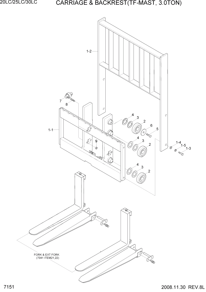 Схема запчастей Hyundai 20/25/30LC-7 - PAGE 7151 CARRIAGE & BACKREST(TF-MAST,3.0TON) РАБОЧЕЕ ОБОРУДОВАНИЕ