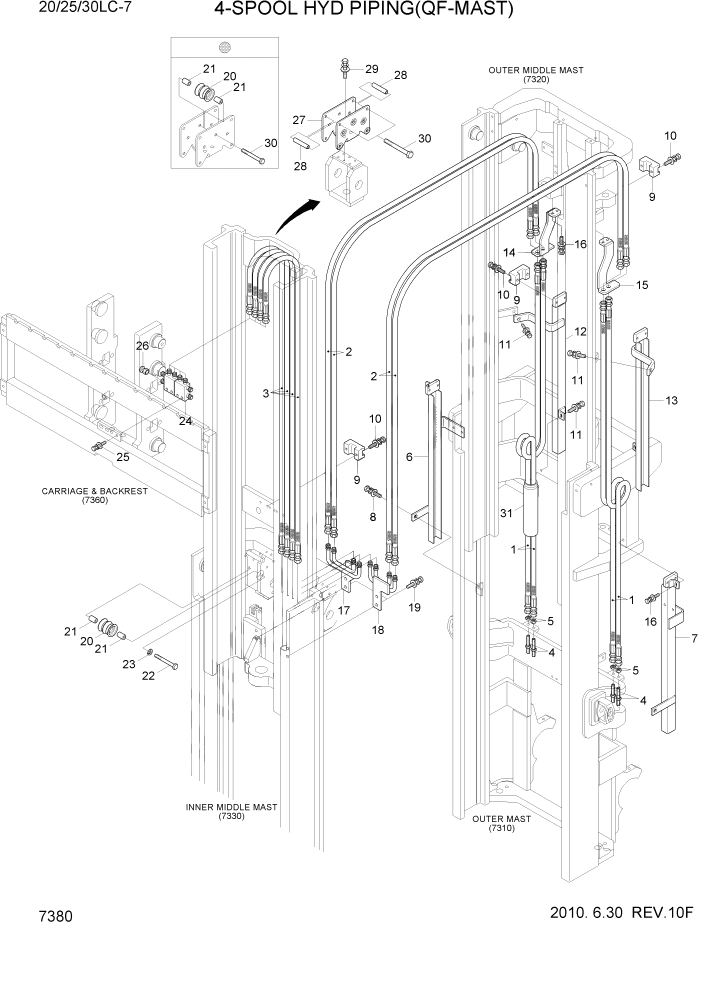 Схема запчастей Hyundai 20/25/30LC-7 - PAGE 7380 4-SPOOL HYD PIPING(QF-MAST) РАБОЧЕЕ ОБОРУДОВАНИЕ