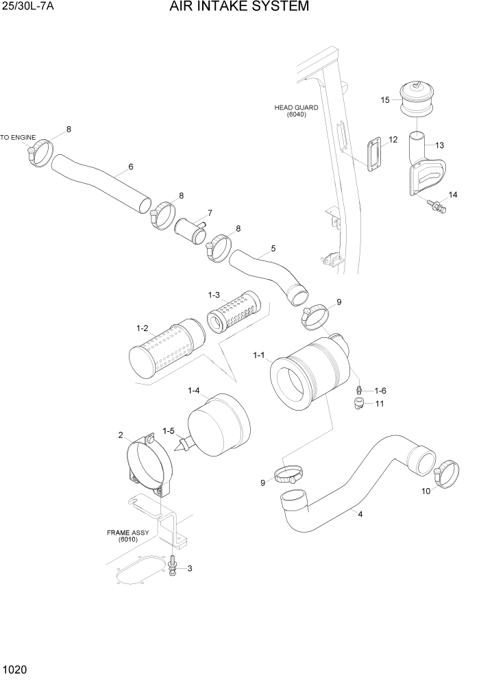 Схема запчастей Hyundai 25/30L-7A - PAGE 1020 AIR INTAKE SYSTEM СИСТЕМА ДВИГАТЕЛЯ