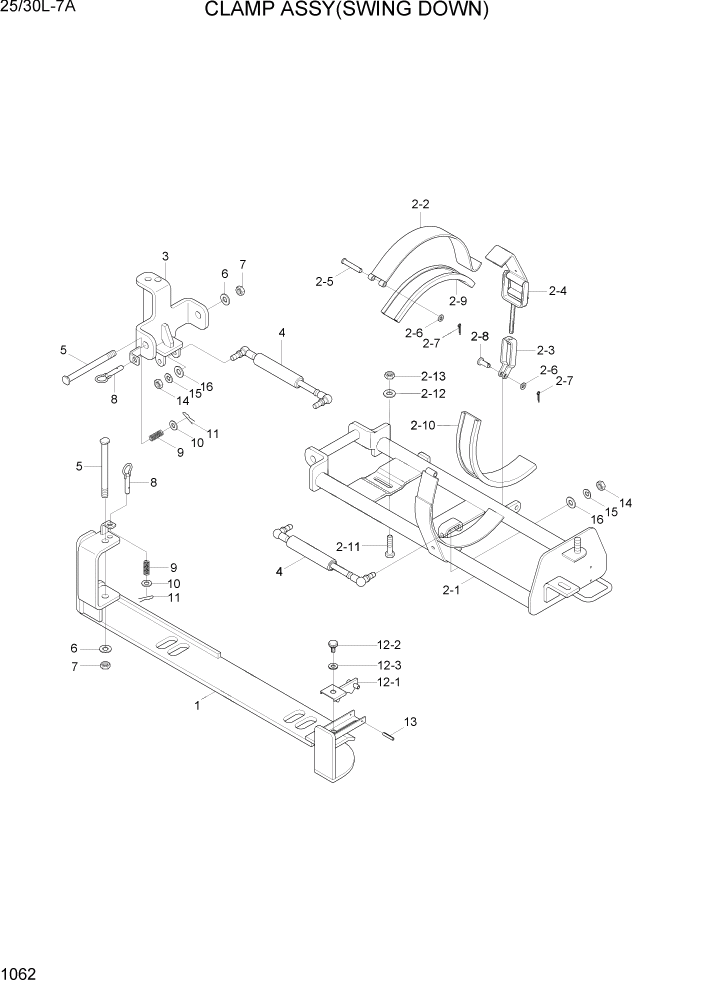 Схема запчастей Hyundai 25/30L-7A - PAGE 1062 FUEL TANK CLAMP ASSY(SWING DOWN) СИСТЕМА ДВИГАТЕЛЯ