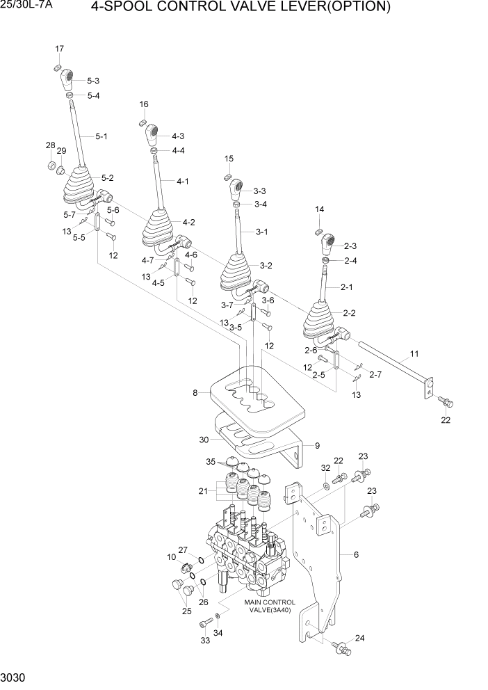 Схема запчастей Hyundai 25/30L-7A - PAGE 3030 4-SPOOL CONTROL VALVE LEVER(OPTION) ГИДРАВЛИЧЕСКАЯ СИСТЕМА