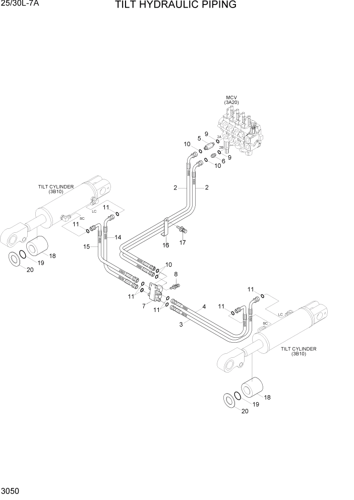 Схема запчастей Hyundai 25/30L-7A - PAGE 3050 TILT HYDRAULIC PIPING ГИДРАВЛИЧЕСКАЯ СИСТЕМА