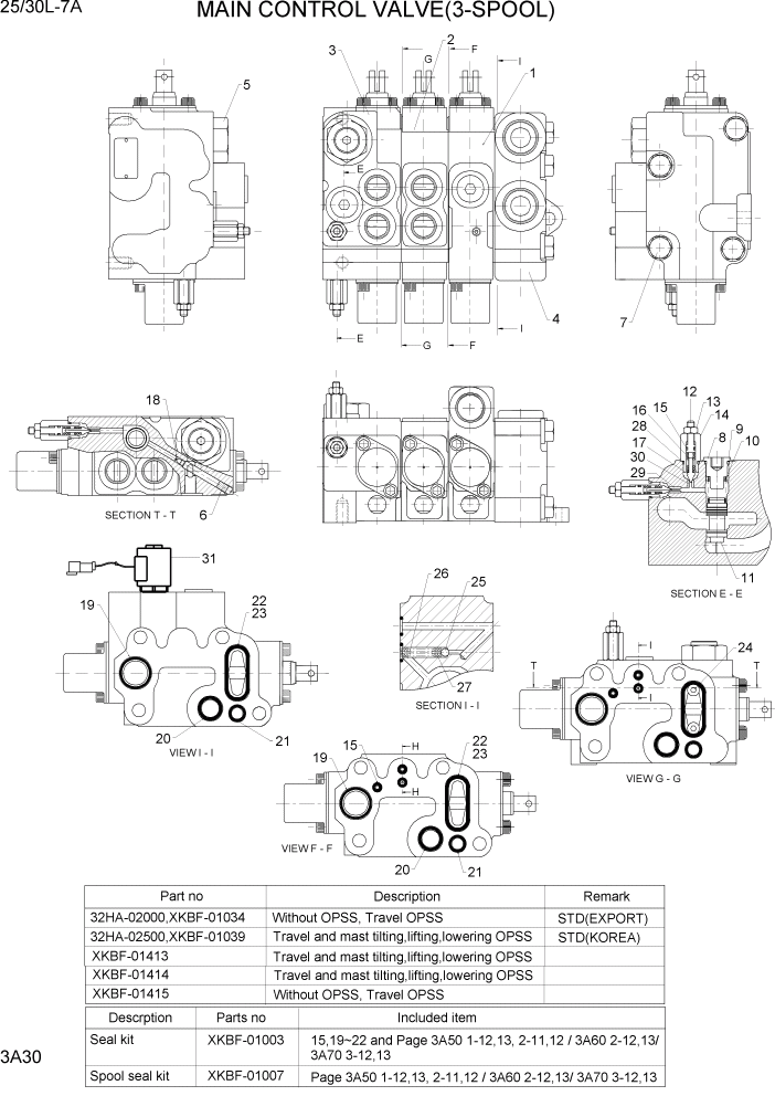 Схема запчастей Hyundai 25/30L-7A - PAGE 3A30 MAIN CONTROL VALVE(3-SPOOL) ГИДРАВЛИЧЕСКАЯ СИСТЕМА