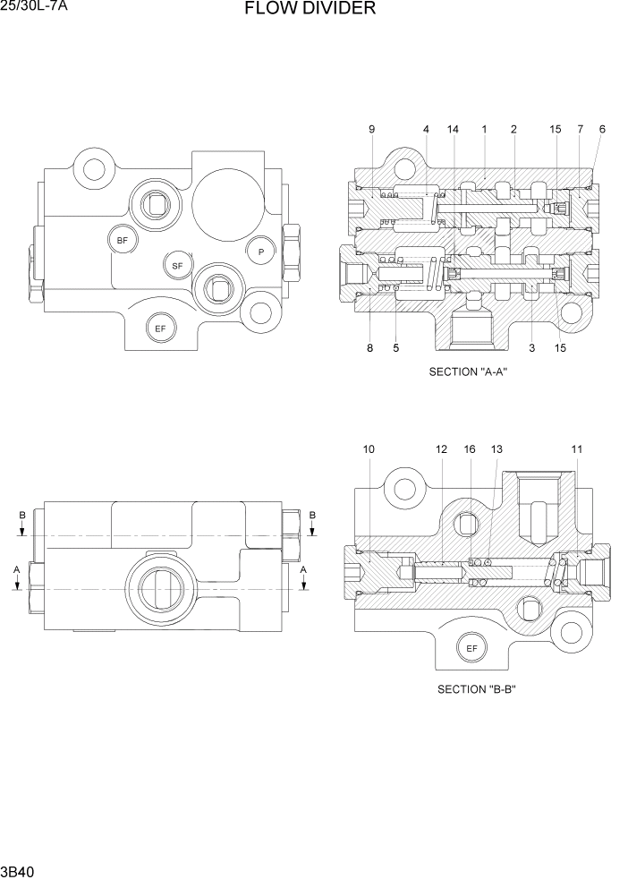 Схема запчастей Hyundai 25/30L-7A - PAGE 3B40 FLOW DIVIDER ГИДРАВЛИЧЕСКАЯ СИСТЕМА