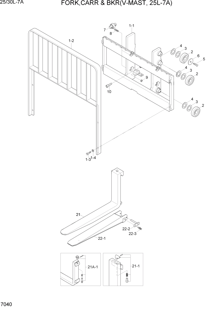 Схема запчастей Hyundai 25/30L-7A - PAGE 7040 CARR,BACKREST & FORK(V-MAST,25L-7A) РАБОЧЕЕ ОБОРУДОВАНИЕ