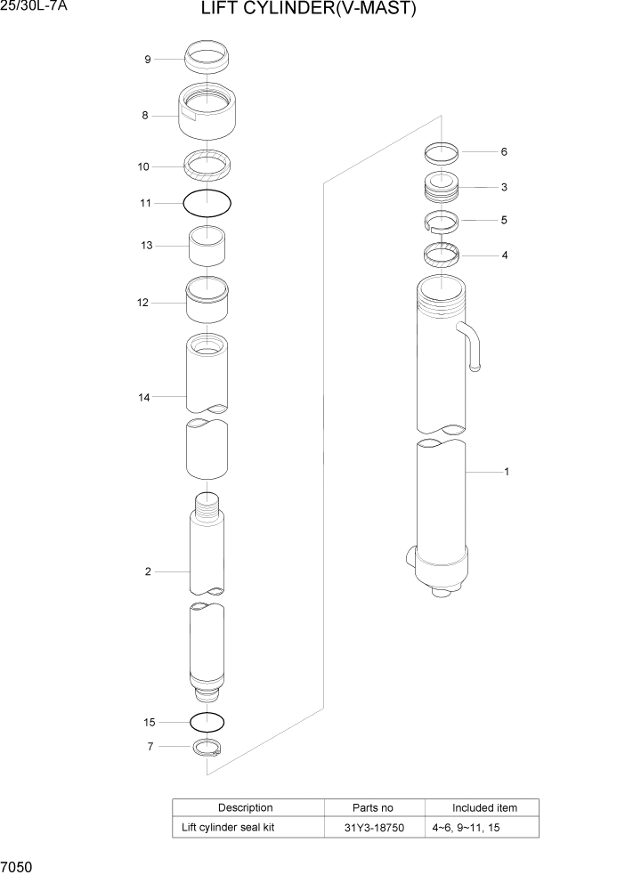 Схема запчастей Hyundai 25/30L-7A - PAGE 7050 LIFT CYLINDER(V-MAST) РАБОЧЕЕ ОБОРУДОВАНИЕ