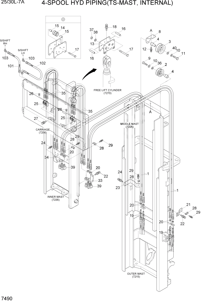 Схема запчастей Hyundai 25/30L-7A - PAGE 7490 4-SPOOL HYD PIPING(TS-MAST, INT) РАБОЧЕЕ ОБОРУДОВАНИЕ