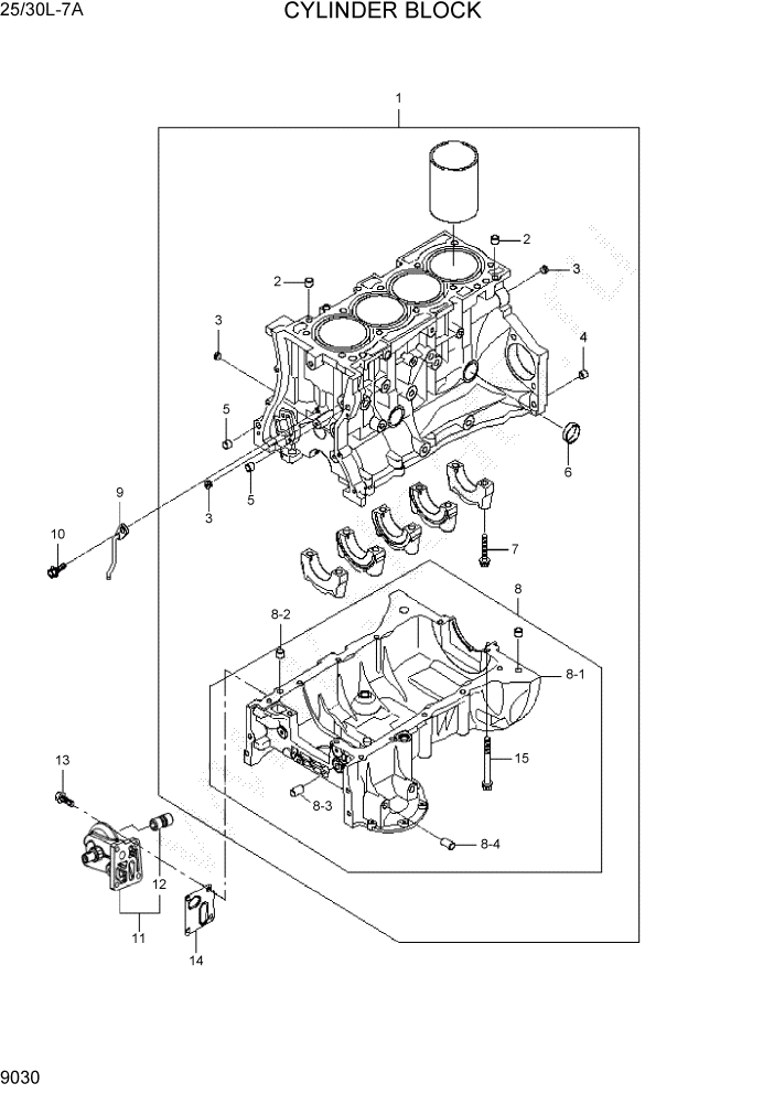 Схема запчастей Hyundai 25/30L-7A - PAGE 9030 CYLINDER BLOCK ДВИГАТЕЛЬ БАЗА