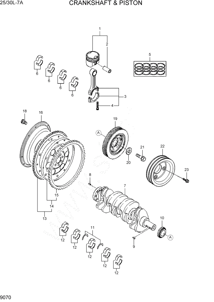 Схема запчастей Hyundai 25/30L-7A - PAGE 9070 CRANKSHAFT & PISTON ДВИГАТЕЛЬ БАЗА